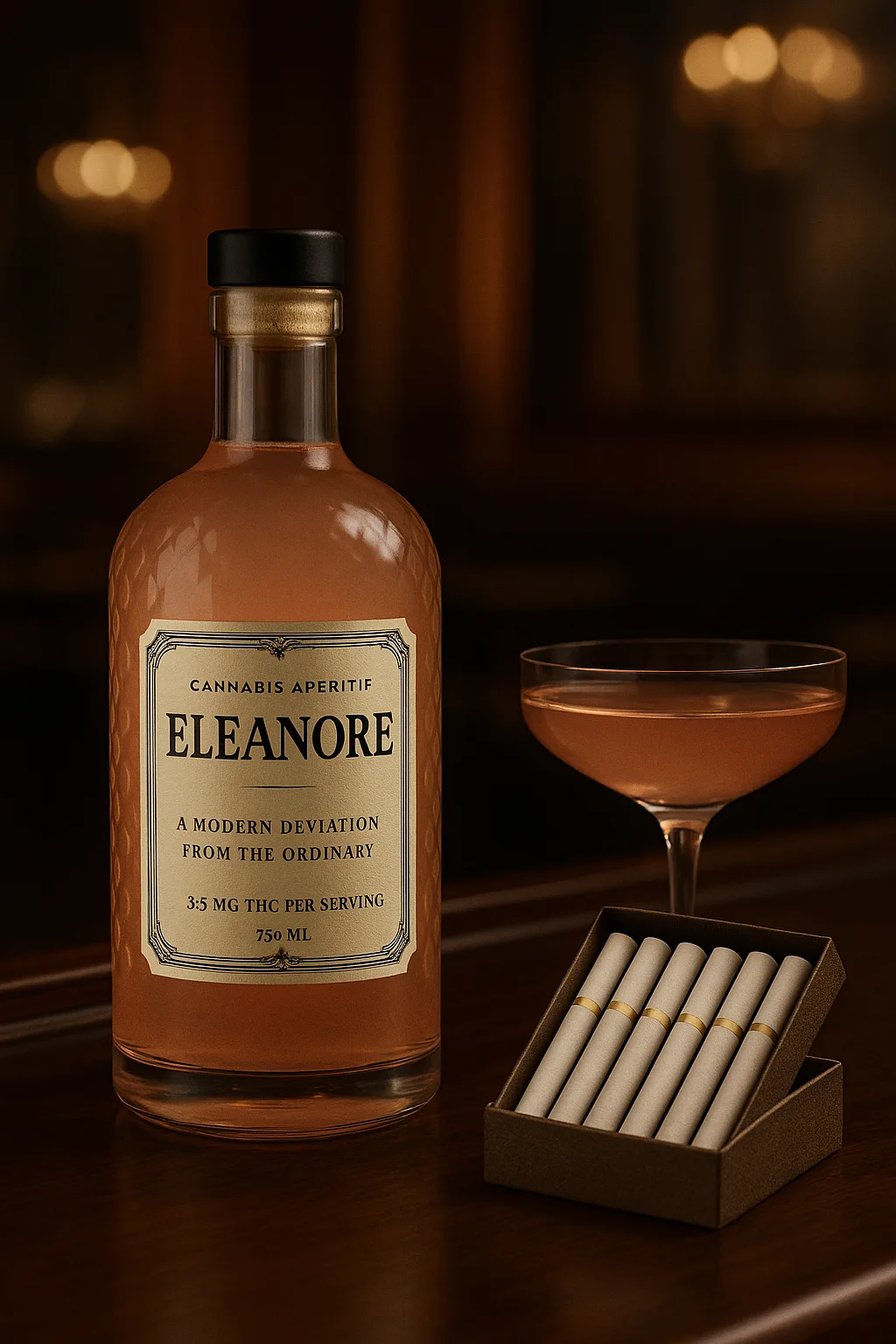 Eleanore luxury hemp bottle with cocktail and cigars - sophisticated cannabis lifestyle