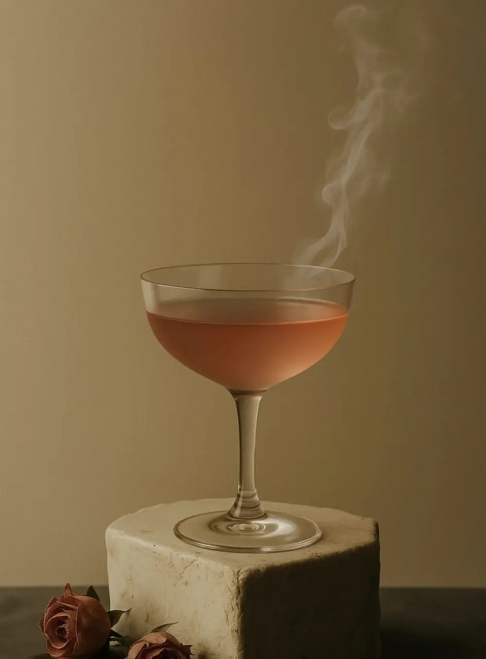 Eleanore luxury cannabis aperitif served in elegant crystal coupe glass with delicate aromatic steam - Premium hemp-based THC elixir presentation for sophisticated cannabis consumption experience