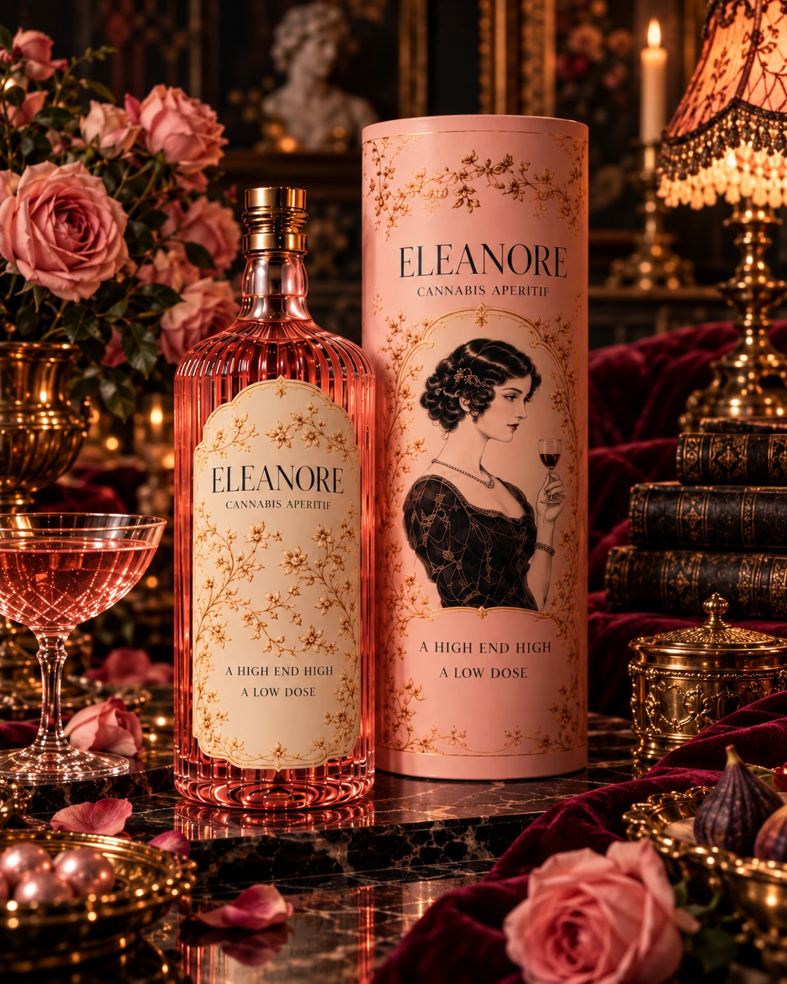 Eleanore Aperitif blush ribbed glass bottle and engraved presentation cylinder beside a crystal coupe