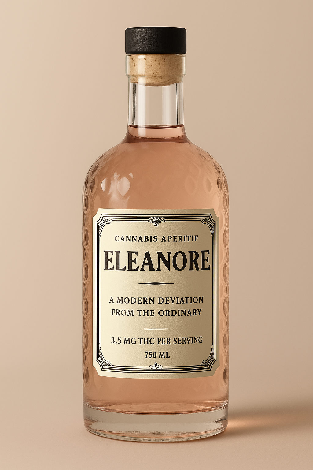 Eleanore luxury cannabis aperitif bottle - Premium hemp-based cannabis elixir in elegant glass packaging, 3.5mg per serving, 750ml luxury cannabis beverage for sophisticated consumption