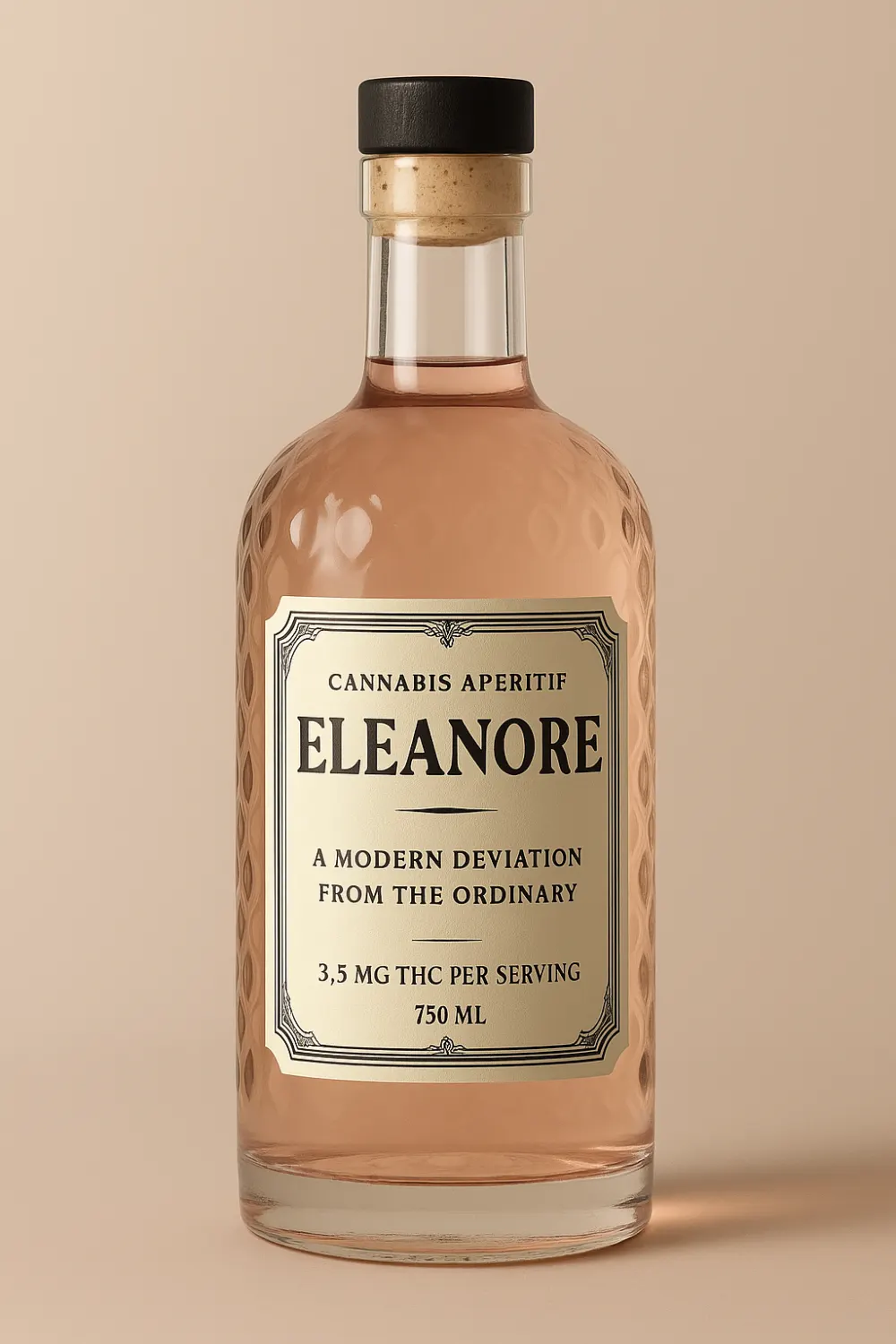 Eleanore luxury cannabis aperitif bottle - Premium hemp-based cannabis elixir in elegant glass packaging, 3.5mg per serving, 750ml luxury cannabis beverage for sophisticated consumption